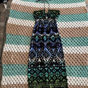 Black Blue Green Geometric Print Halter Maxi Long Dress Womans sz Medium
